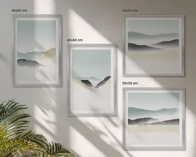 Minimalistische pastelkleuren van bergen meerluik in lijst