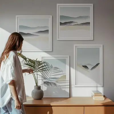 Minimalistische pastelkleuren van bergen meerluik in lijst