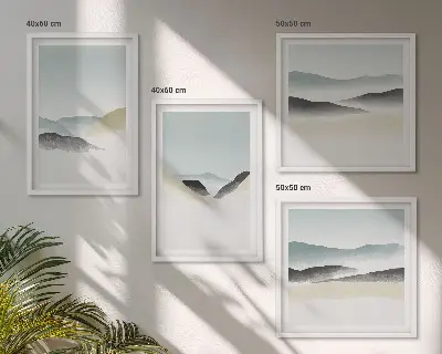 Minimalistische pastelkleuren van bergen meerluik in lijst