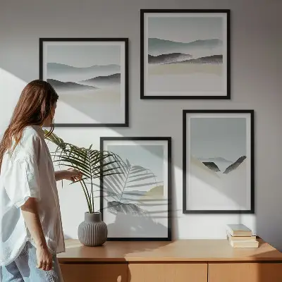 Minimalistische pastelkleuren van bergen meerluik in lijst