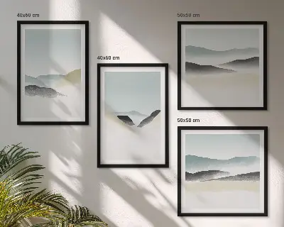 Minimalistische pastelkleuren van bergen meerluik in lijst