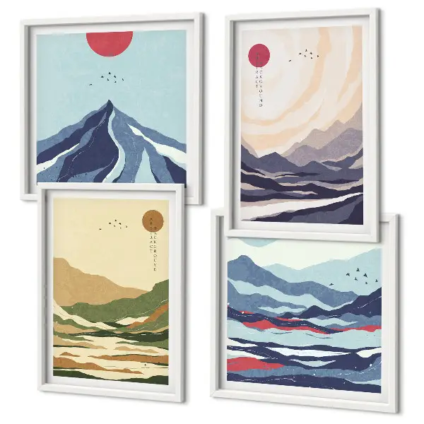 Pastelkleurige bergen in Japanse stijl set van posters met lijst