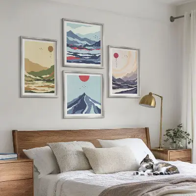 Pastelkleurige bergen in Japanse stijl set van posters met lijst