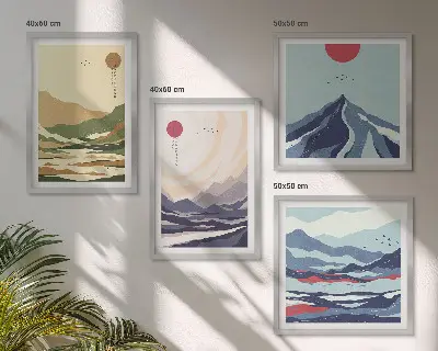 Pastelkleurige bergen in Japanse stijl set van posters met lijst