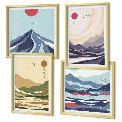 Set van posters met lijst Pastelkleurige bergen in Japanse stijl