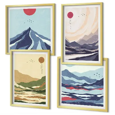 Pastelkleurige bergen in Japanse stijl set van posters met lijst