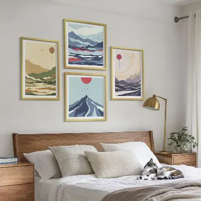 Pastelkleurige bergen in Japanse stijl set van posters met lijst