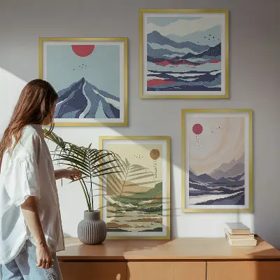 Pastelkleurige bergen in Japanse stijl set van posters met lijst