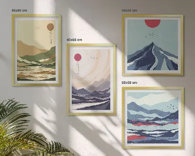 Pastelkleurige bergen in Japanse stijl set van posters met lijst