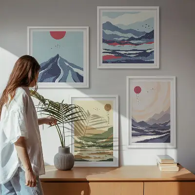 Pastelkleurige bergen in Japanse stijl set van posters met lijst