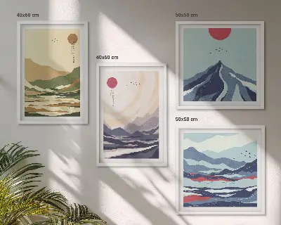 Pastelkleurige bergen in Japanse stijl set van posters met lijst
