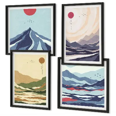 Pastelkleurige bergen in Japanse stijl set van posters met lijst