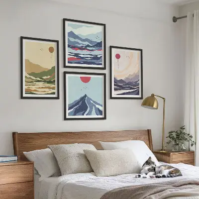 Pastelkleurige bergen in Japanse stijl set van posters met lijst