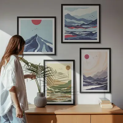 Pastelkleurige bergen in Japanse stijl set van posters met lijst