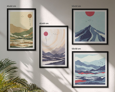 Set van posters met lijst Pastelkleurige bergen in Japanse stijl