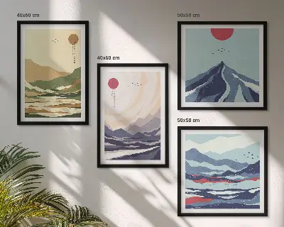 Pastelkleurige bergen in Japanse stijl set van posters met lijst