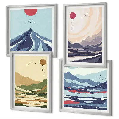 Pastelkleurige bergen in Japanse stijl set van posters met lijst
