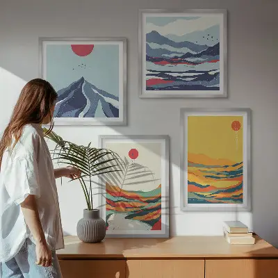 Kleurrijke abstracte rivierbergen meerluik in lijst