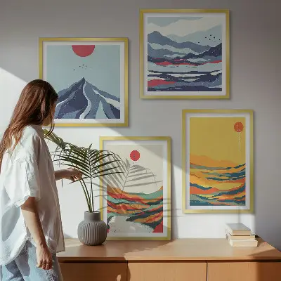 Kleurrijke abstracte rivierbergen meerluik in lijst