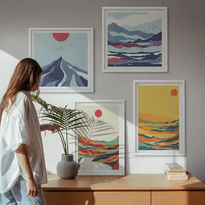 Kleurrijke abstracte rivierbergen meerluik in lijst