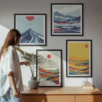 Kleurrijke abstracte rivierbergen meerluik in lijst