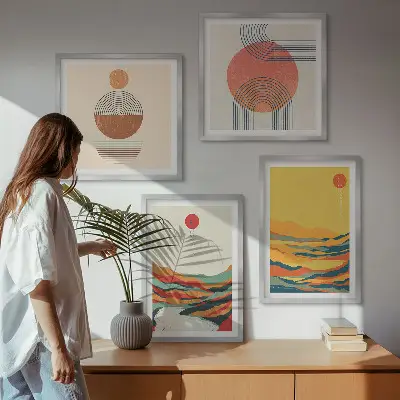 Meerluik in lijst met een Japandi ontwerp van kleurrijke bergpatronen langs de rivier