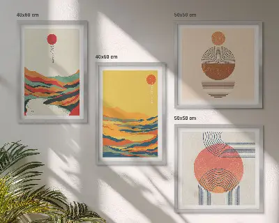 Meerluik in lijst met een Japandi ontwerp van kleurrijke bergpatronen langs de rivier