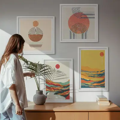 Meerluik in lijst met een Japandi ontwerp van kleurrijke bergpatronen langs de rivier