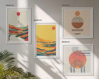 Meerluik in lijst met een Japandi ontwerp van kleurrijke bergpatronen langs de rivier