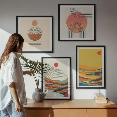 Meerluik in lijst met een Japandi ontwerp van kleurrijke bergpatronen langs de rivier