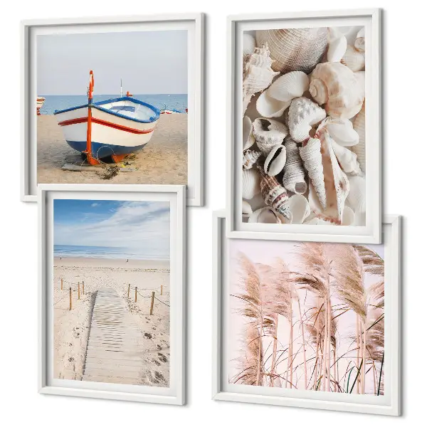 Meerluik in lijst met strandboot, schelpen en gras in boho stijl