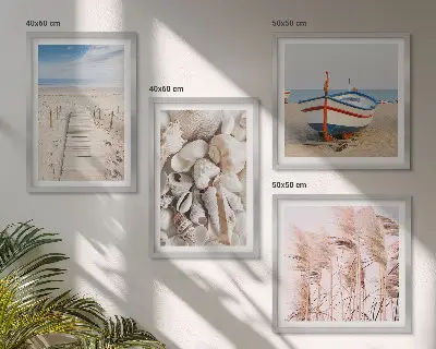 Meerluik in lijst met strandboot, schelpen en gras in boho stijl
