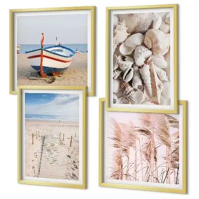 Meerluik in lijst met strandboot, schelpen en gras in boho stijl