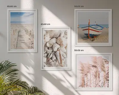 Meerluik in lijst met strandboot, schelpen en gras in boho stijl