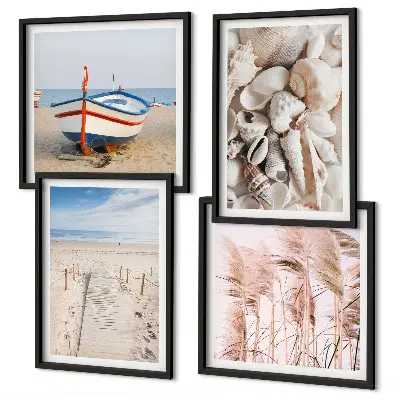 Meerluik in lijst met strandboot, schelpen en gras in boho stijl