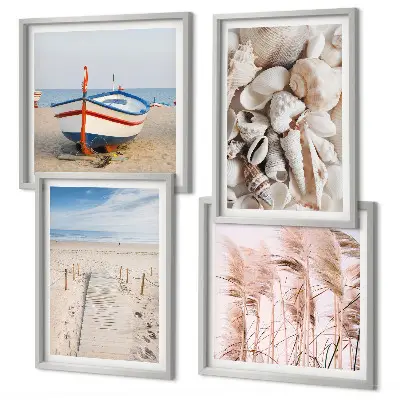 Meerluik in lijst met strandboot, schelpen en gras in boho stijl
