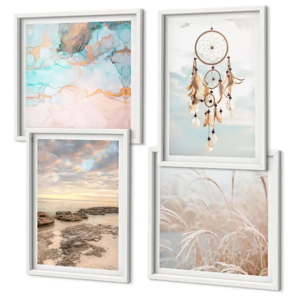 Set van posters met lijst wolkenzee met dromenvanger en gras