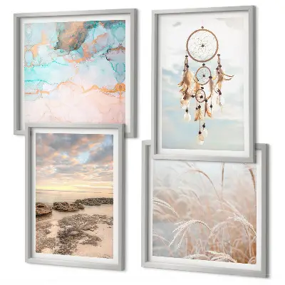 Set van posters met lijst wolkenzee met dromenvanger en gras