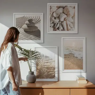Strandmotieven met schelpen en golven meerluik in lijst