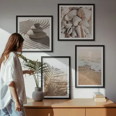 Strandmotieven met schelpen en golven meerluik in lijst