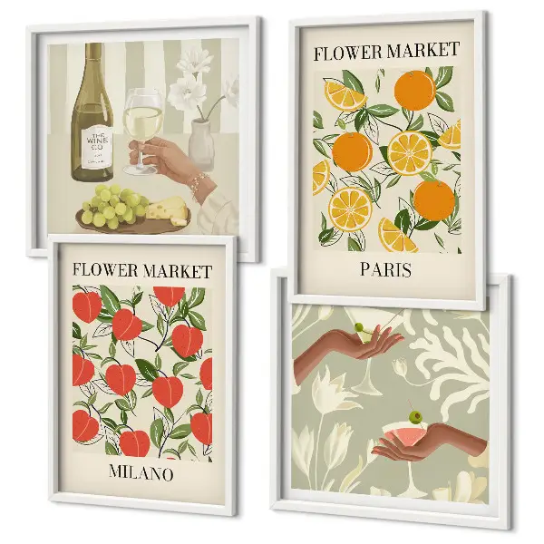 Set van posters met lijst met afbeeldingen van bloemen, wijn, Milaan en Parijs