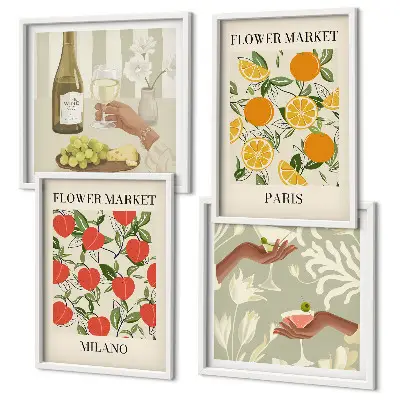 Set van posters met lijst Bloemen, wijn, Milaan, Parijs