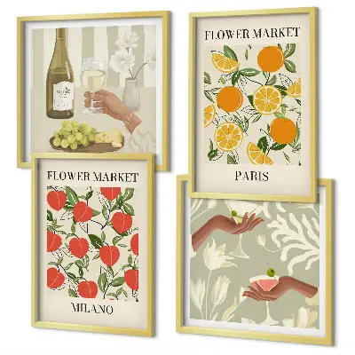 Set van posters met lijst met afbeeldingen van bloemen, wijn, Milaan en Parijs