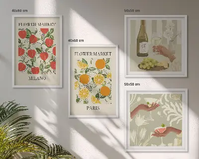 Set van posters met lijst met afbeeldingen van bloemen, wijn, Milaan en Parijs