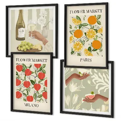 Set van posters met lijst met afbeeldingen van bloemen, wijn, Milaan en Parijs