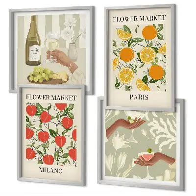 Set van posters met lijst met afbeeldingen van bloemen, wijn, Milaan en Parijs