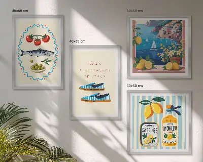 Set van posters met lijst met Italiaanse smaken en kleurrijke afbeeldingen