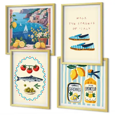 Set van posters met lijst met Italiaanse smaken en kleurrijke afbeeldingen