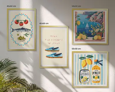 Set van posters met lijst met Italiaanse smaken en kleurrijke afbeeldingen