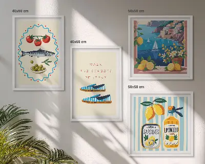 Set van posters met lijst met Italiaanse smaken en kleurrijke afbeeldingen